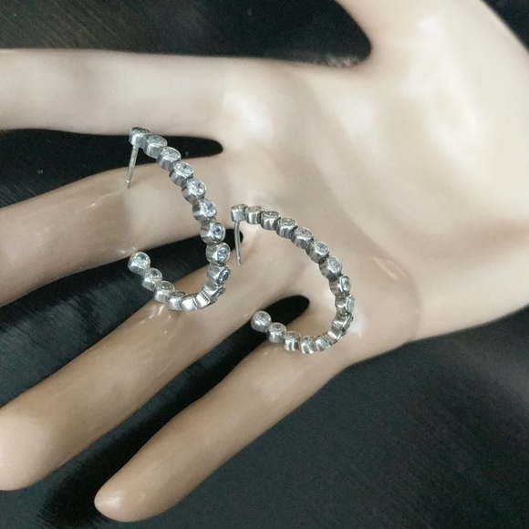 STERLING SILVER Cubic Zirconia Semi Hoop Earrings - Picture 4 of 8